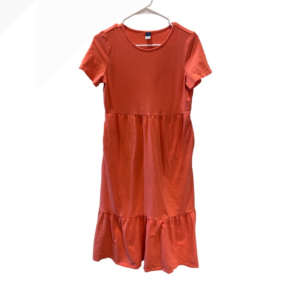 Old Navy Womens Coral Orange Tiered Slub Knit Midi Dress Short Sleeve Small